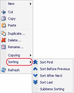 6.1.5.6 Sorting Items There are two ways to Sort items. 6.1.5.6.1 Via the Sorting Chunk Commands The Sorting chunk displayed when you select the Home tab in the Content Editor contains commands which