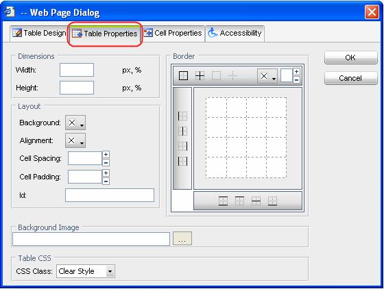 Select the Table Properties tab to set or change table properties (see the screenshot below). The Table Properties tab allows you to set the appearance of the table.