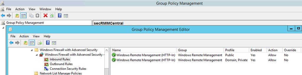Create an Inbound Rule for WinRM for port 5985. Select the Predefined radio button and select the Windows Remote Management in the drop-down listbox.