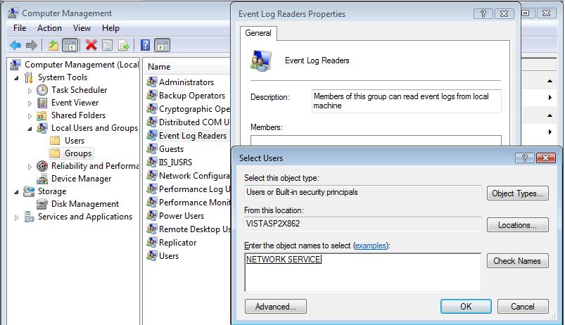 Figure 12 - Add network service built-in account to Event Log Readers group Install secrmmcentral on the event