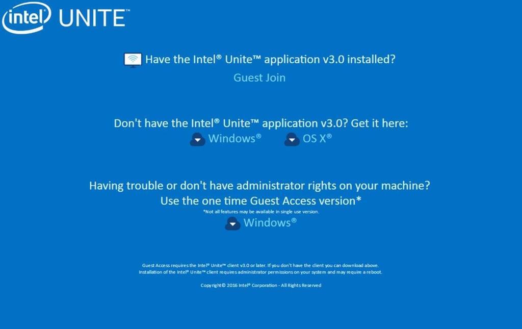 3. The following Web page will be displayed: 4. Select according to the following 3 options: Do you have the Intel Unite application v3.0 installed?