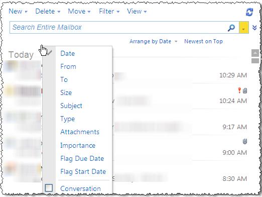 Sorting Messages with Conversation View Enabled 1. Click above the Item List List of sort criteria options appears Note: Conversation View is enabled by default.