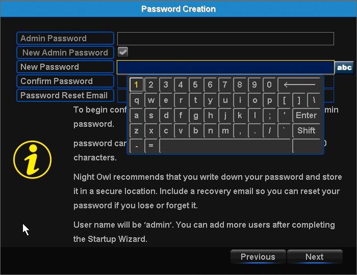 adjust your system settings. This screen will also require that you set a recovery email address in the event that your Admin password is forgotten.