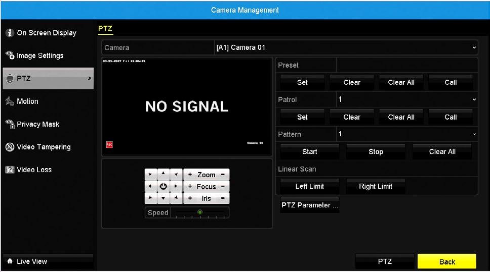 7.3.4 PTZ The PTZ menu applies to any connected PTZ-enabled camera. Camera: Select the camera you want to configure.