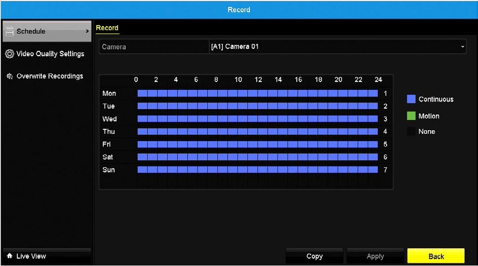 7.4 Record This menu allows you to edit DVR record scheduling, video quality settings and set overwrite preferences. 7.4.1 Schedule Within this menu, you can specify when the DVR records video and under what mode for each channel.