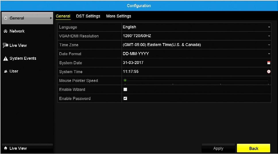 7.6 Configuration Within this menu, you can configure general, network, live view, system events and user settings for your DVR system. 7.6.1 General The General tab of the Configuration menu will allow you to access display and system settings for your DVR.