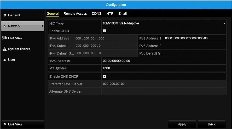 ADVANCED 7.6.2 Network In this menu, you can configure network settings for your DVR, obtain information regarding remote access and email notifications. 7.6.2 (a) General In this section of the menu, you can manually configure network settings for your DVR.