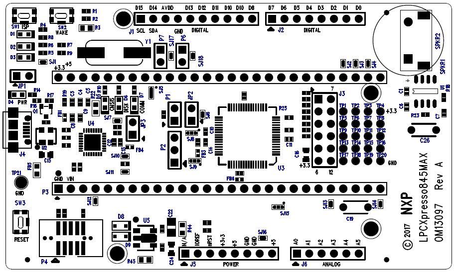 2. Board Layout Figure 2 below shows the layout of the LPCXpresso845MAX board, indicating location of jumpers, buttons, connectors/expansion options and MCU devices. Fig 2.