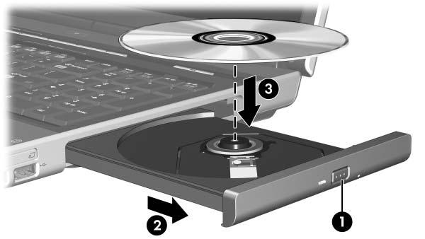 Inserting an optical disc 1. Turn on the computer. 2. Press the release button 1 on the drive bezel to release the media tray. 3. Pull out the tray 2. 4.