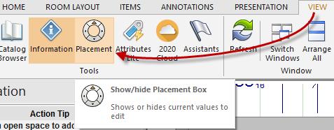 Placement button in the VIEW ribbon to display or hide the