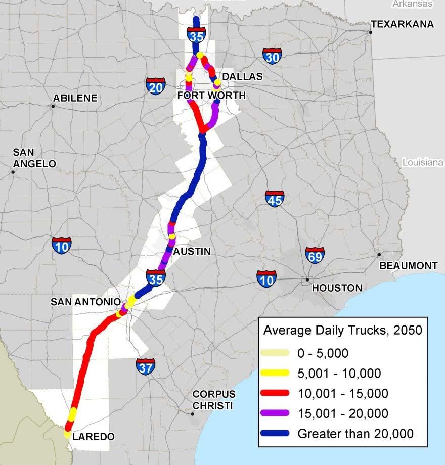I-35 average daily trucks, 2050 By 2050, most of I-35 from San Antonio to Oklahoma will carry 20,000 to 30,000 trucks per day.