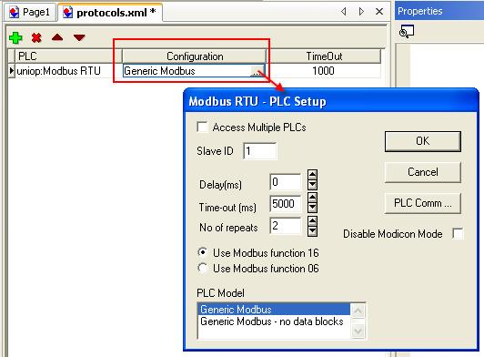 As an example, to make a project for Modbus RTU, select the uniop:modbus RTU driver and then configure the communication parameters by selecting the browse button in the Configuration column.