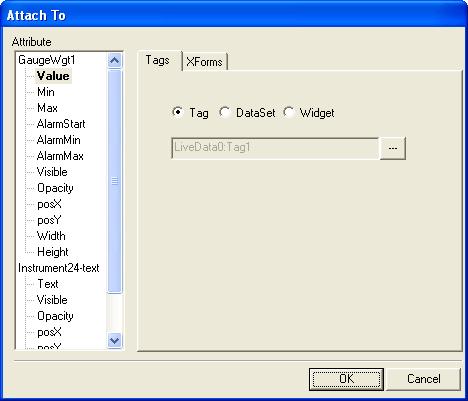 Figure 14 When attaching a tag, you can attach to three types of data sources; a tag, a dataset or another object. Select the Tag button to attach to a tag defined in the tag editor.