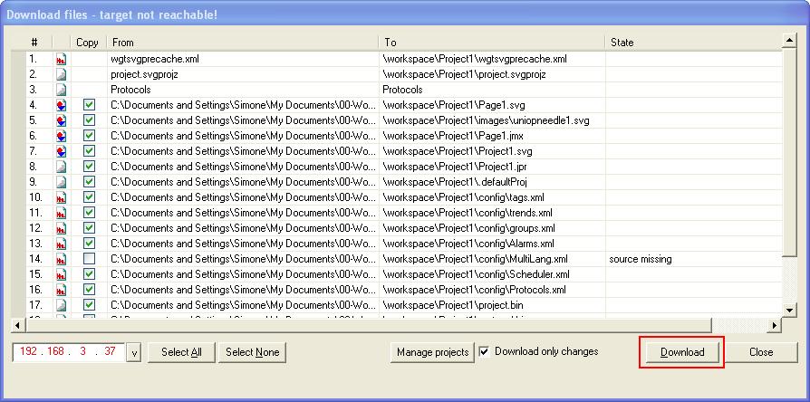 The Download to Target dialog is shown in Figure 18. The dialog lists the project files that will be transferred to the target. Click on the Download button to start the process.