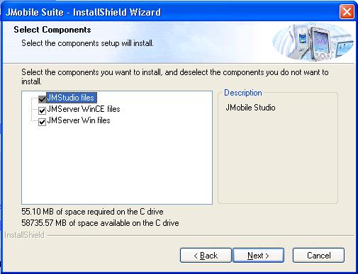 Figure 2 The JMobile Studio files option includes files required for running JM Studio. The JMServer WinCE files option includes the target run time files for a WinCE based panel or device.