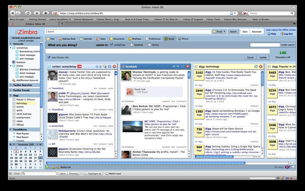 Zimbra Social Zimlet Manage your Twitter and Facebook account from dedicated Zimlet Tab View popular