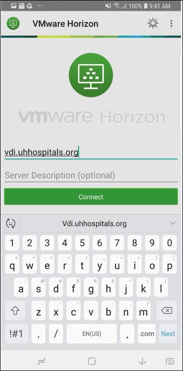 A page requesting Server Name or Address appears. 7. Enter vdi.uhhospitals.org. 8.