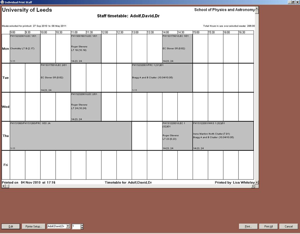 6. To view timetables for the other members of staff you ve selected, use the drop down list (circled above). 7.