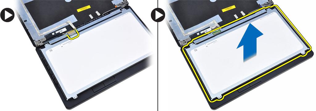 Perform the following steps: a) Lift the mylar tape and disconnect the low-voltage differential signaling (LVDS) cable from the back of the display panel.