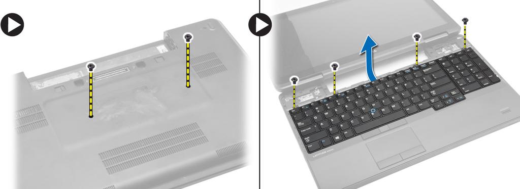 3. Perform the following steps: a) Remove the screws at the back of the computer and flip the computer over. b) Remove the screws that secure the keyboard to the computer. 4.