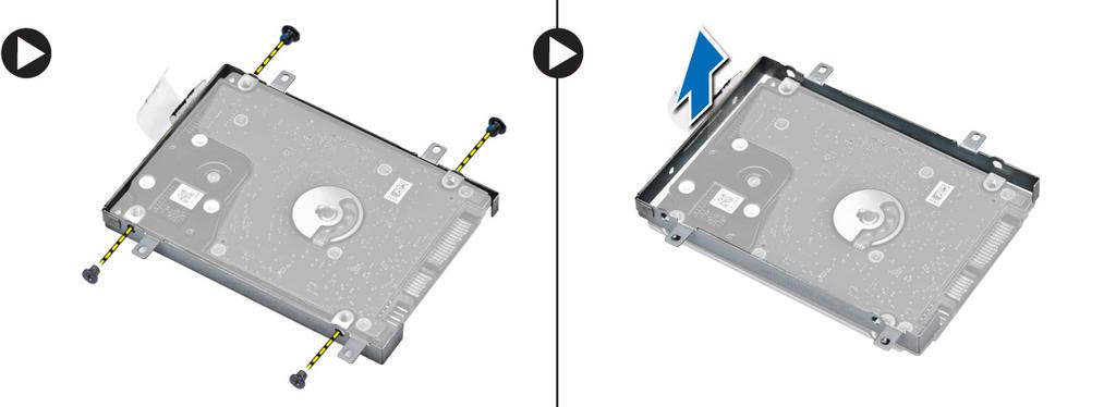 4. After removing the hard drive, perform the following steps: a) Remove the screws that secure the hard-drive bracket. b) Remove the hard-drive bracket from the hard drive.