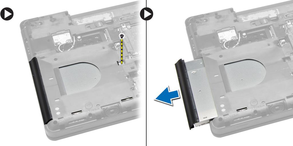 3. Perform the following steps: a) Remove the screw that secures the optical drive to the computer. b) Push the optical drive away to remove it from the computer. 4.