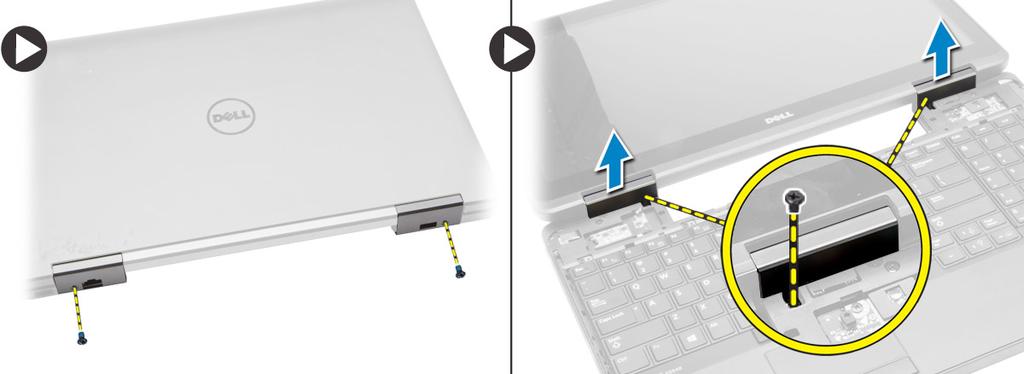 3. Perform the following steps: a) Remove the screws that secure the display hinge at the front and back of the computer. b) Lift and remove the display hinge from the computer.