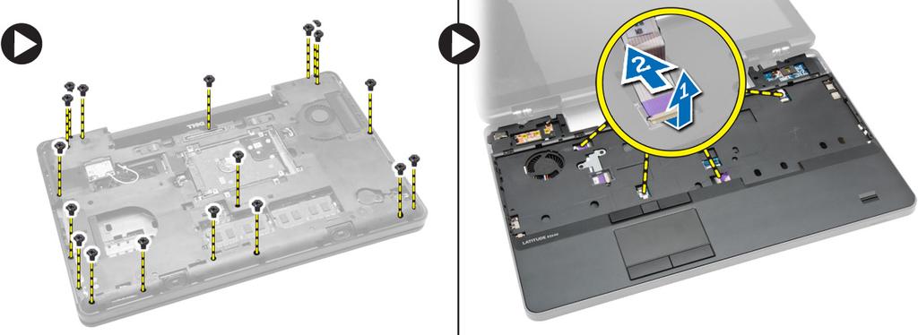 3. Remove the screws at the back of the computer and disconnect: a) power-connector cable [1] and [2] b) media-buttons cable [1] and [2] c) touch-pad cable [1] and [2] d)