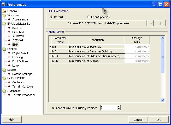 Preferences BPIP Executable Advanced User Only Option Removed In the Preferences dialog, the option to specify the US EPA