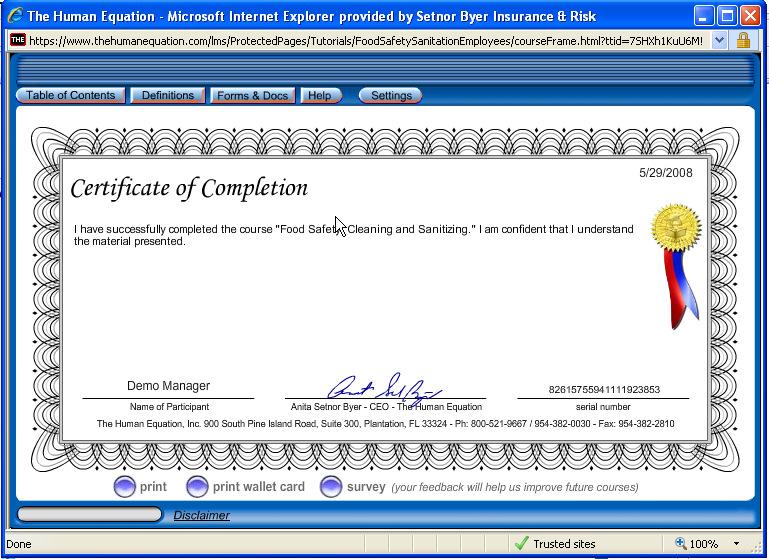 Printing your Certificate of Completion Directly after Course Completion 1.