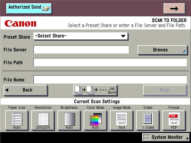 5.3 If you are scanning to a folder, select a preset share folder manually specify the file server and file path, or