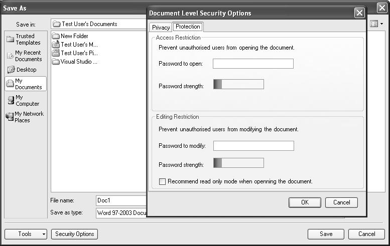 (b) Figure 1: The Save As dialog in (a) original form with General Options dialog from the Tools button and (b) modified form with Document Level Security Options dialog from a new Security Options