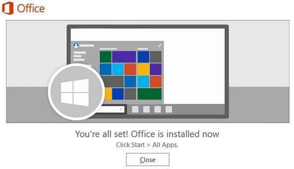 9. The Microsoft Office 2016 Desktop Applications will now be installed. 10. Your install of Microsoft Office 2016 is finished when you see the phrase: You're all set!