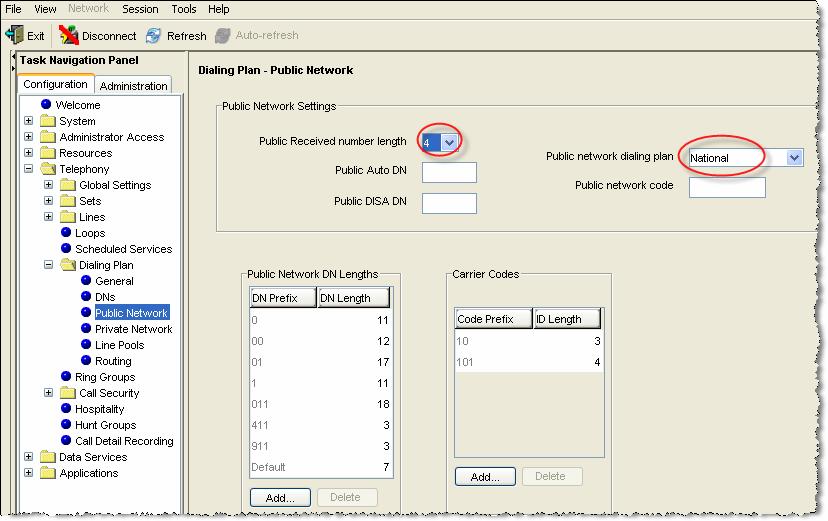 Network, we define the Public Received number length to 4 digits and Public network dialing
