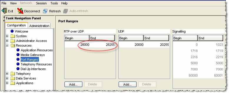 4.5 Port Ranges Configuration Resources Telephony Resources: Select Port Ranges and use the values shown below. The default RTP ranges are from 28000 to 28255. This range is used for fax (T.