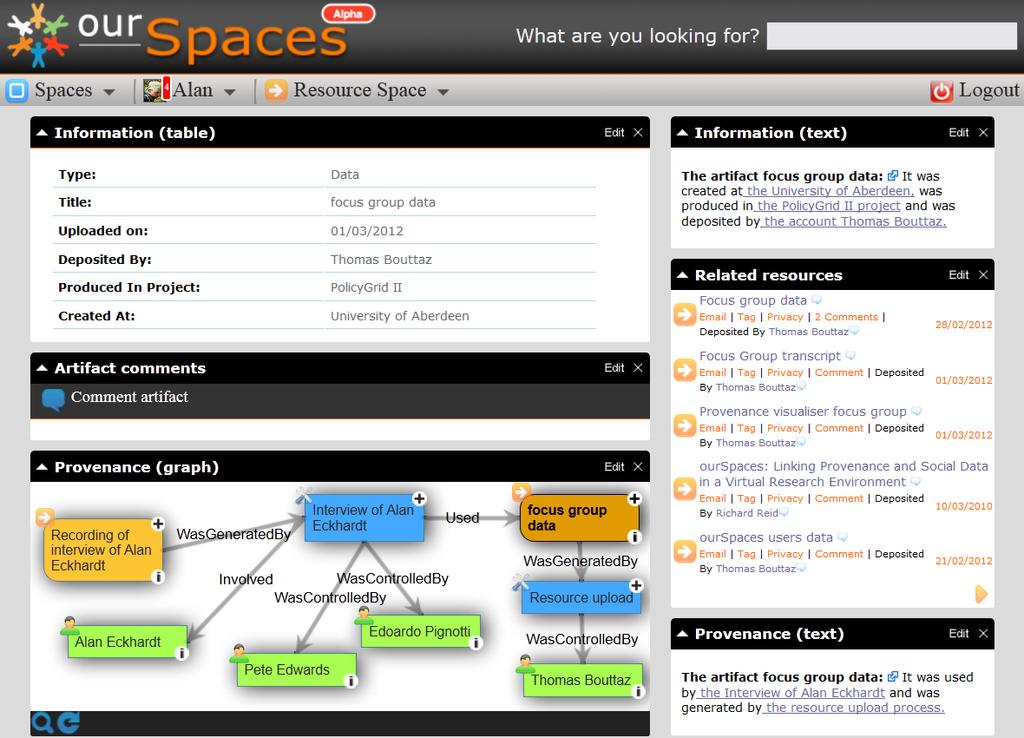 5 Fig. 3. A screenshot of the ourspaces VRE. metadata. We have implemented two modes for this service: one for generating text about general information regarding an entity (e.g. type, title, date of creation), and one specifically about its provenance (i.