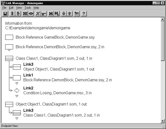 The Link Manager Figure 147: The Link Manager window At the top of the drawing area, the name of the current link file is presented under a Information from heading.
