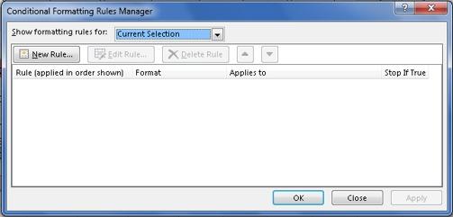 3. Select Manage Rules. The Conditional Formatting Rules Manager dialog box appears. The rules applied to the selected cells appear in the dialog box.