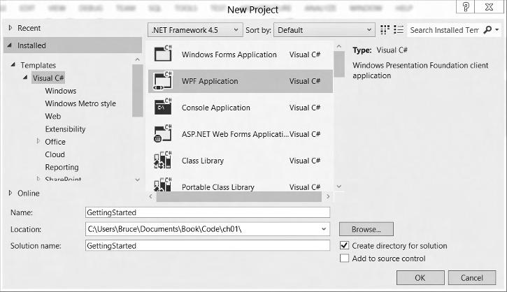 8 CHAPTER 1 A QUICK TOUR FIGURE 1-8 Select the WPF Application from the Templates area (this item exists under the root Visual Basic and Visual C# nodes, or under the