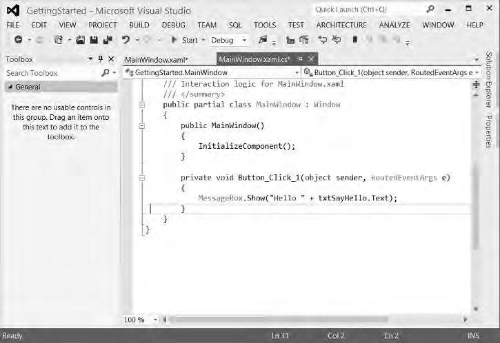 10 CHAPTER 1 A QUICK TOUR NOTE One thing to be aware of is that some files, such as the solution file, are modified when you make changes within Visual Studio 2012 without your being given any