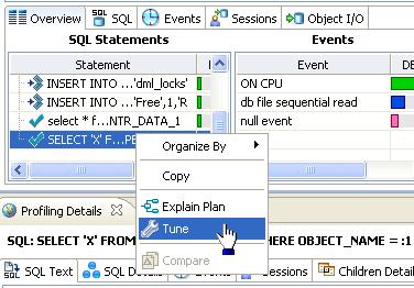 Getting Started with DB Optimizer > Tuning SQL Statements To create a new tuning job: To tune a specific SQL statement, in the Profile Session right-click the statement and select Tune as follows.