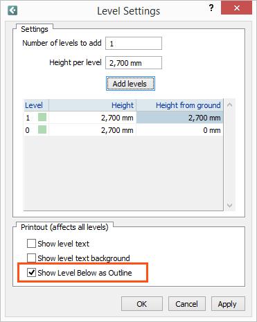 Include level outlines in printouts An option to include level outlines in printouts has been added to the Level settings dialog.