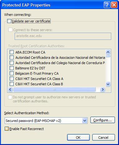 In the "Protected EAP Properties" window, uncheck the box "Validate server certificate.