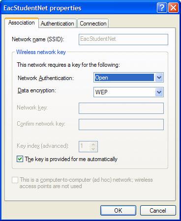 If "EacStudentNet" appears in the "Preferred Networks" box, highlight EacStudentNet and click the "Properties" button.