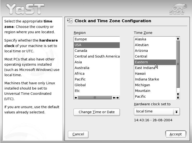 UTC is another way of referring to Greenwich Mean Time (GMT). If we want to match our PC's clock with GMT, select this option. When we've made our selection, click the Accept button. 2.2.7.