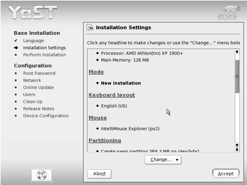 This screen lays out the default installation choices, such as which software will be installed, how the hard disk will be partitioned, and much more.