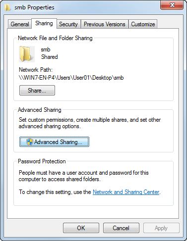 3.2 Preparation for SMB Send 3 9 Click the [Sharing] tab, and also click [Advanced Sharing].