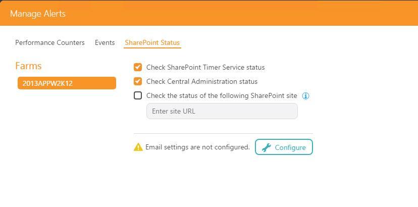 From the Alerts menu, just click on Manage alerts. Click on SharePoint Status and enter the URL to your site after you click the Check the status of the following SharePoint site, and then click Save.