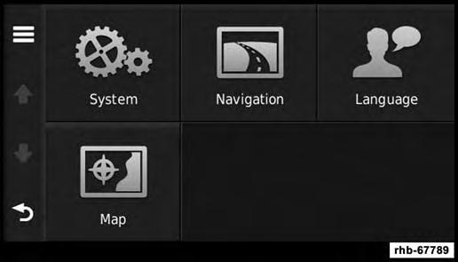 72 NAVIGATION (8.4 NAV ONLY) CUSTOMIZING THE NAVIGATION SYSTEM 1. From the main menu press Settings. 2. Press a setting category. 3. Press the setting to change it.