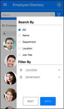 7.6 Search Panel User can do quick search with either the text box search or can filter the required information using filter search. Let s check how. 7.6.1 Text box search Figure 118: Search Panel Search can be done by either Name, Location, Department or Job title.
